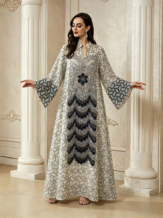 Jacquard Embroidery Caftan Kaftan Dress For Women - Mukhawar Jalabiya Eid Dress - #26361