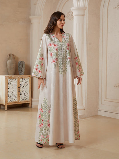 Hotfix Rhinestones Printed Caftan Kaftan Dress For Women - Jacquard Mukhawar Jalabiya Eid Dress -  Apricot - #26N10