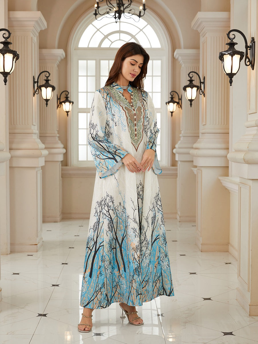 Jacuqard Printed Caftan Kaftan Dress For Women - Mukhawar Jalabiya Eid Dress - Light Blue -  #26N05