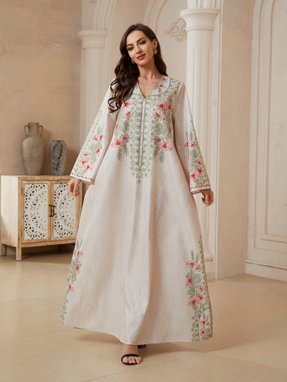 Hotfix Rhinestones Printed Caftan Kaftan Dress For Women - Jacquard Mukhawar Jalabiya Eid Dress -  Apricot - #26N10