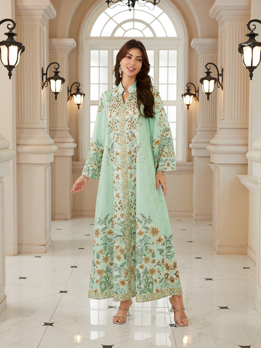 Hotfix Rhinestones Printed Caftan Kaftan Dress For Women - Jacquard Mukhawar Jalabiya Eid Dress -  #26N07