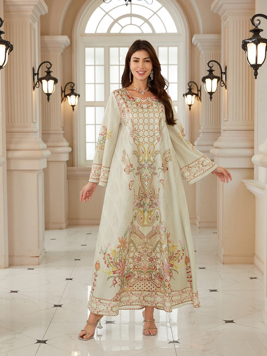 Hotfix Rhinestones Printed Caftan Kaftan Dress For Women - Jacquard Mukhawar Jalabiya Eid Dress -  Apricot - #26N04