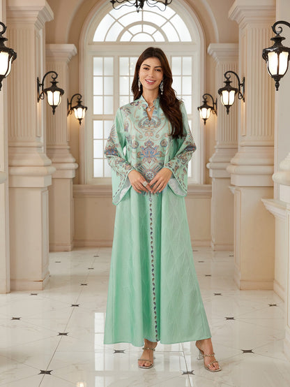 Hotfix Rhinestones Printed Caftan Kaftan Dress For Women - Jacquard Mukhawar Jalabiya Eid Dress -  #26N04