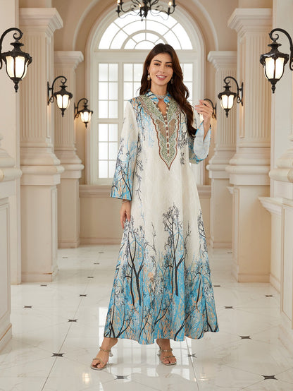 Jacuqard Printed Caftan Kaftan Dress For Women - Mukhawar Jalabiya Eid Dress - Light Blue -  #26N05