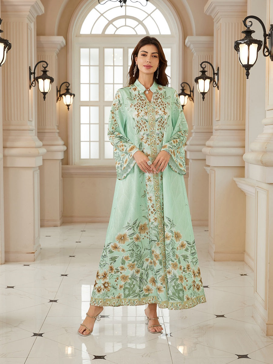 Hotfix Rhinestones Printed Caftan Kaftan Dress For Women - Jacquard Mukhawar Jalabiya Eid Dress -  #26N07