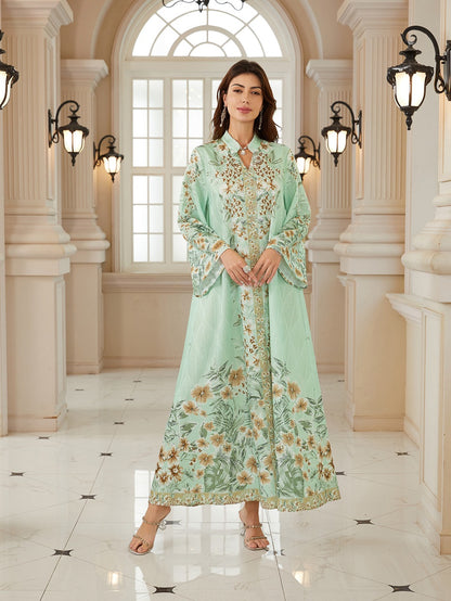 Hotfix Rhinestones Printed Caftan Kaftan Dress For Women - Jacquard Mukhawar Jalabiya Eid Dress -  #26N07