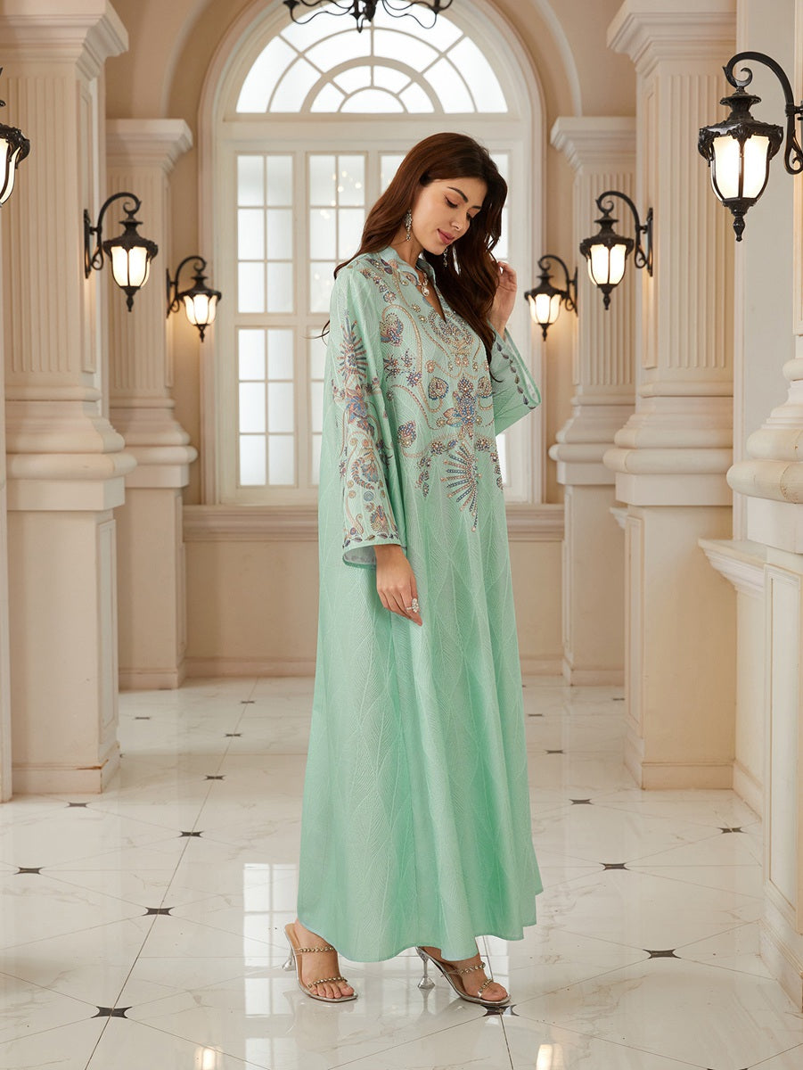 Hotfix Rhinestones Printed Caftan Kaftan Dress For Women - Jacquard Mukhawar Jalabiya Eid Dress -  #26N04