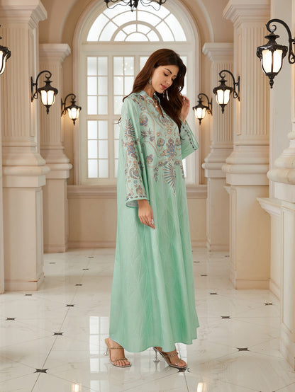 Hotfix Rhinestones Printed Caftan Kaftan Dress For Women - Jacquard Mukhawar Jalabiya Eid Dress -  #26N04
