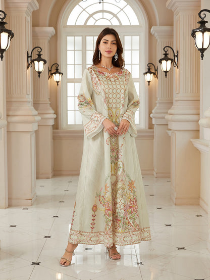 Hotfix Rhinestones Printed Caftan Kaftan Dress For Women - Jacquard Mukhawar Jalabiya Eid Dress -  Apricot - #26N04