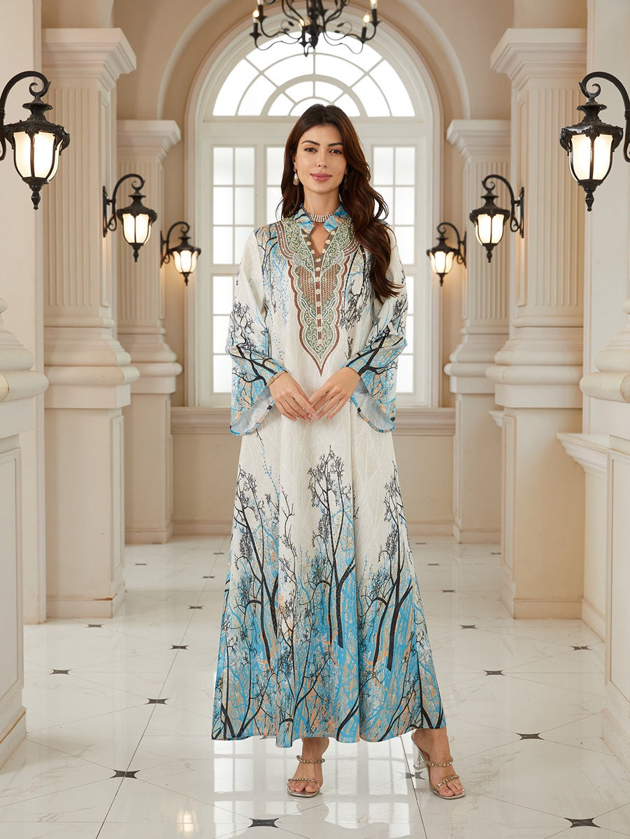 Jacuqard Printed Caftan Kaftan Dress For Women - Mukhawar Jalabiya Eid Dress - Light Blue -  #26N05
