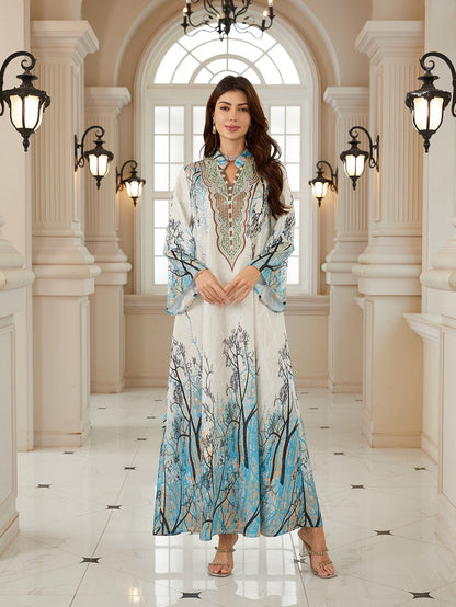 Jacuqard Printed Caftan Kaftan Dress For Women - Mukhawar Jalabiya Eid Dress - Light Blue -  #26N05