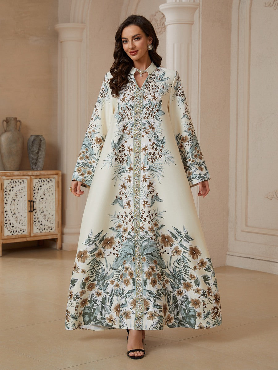 Beads Printed Caftan Kaftan Dress For Women - Mukhawar Jalabiya Eid Dress