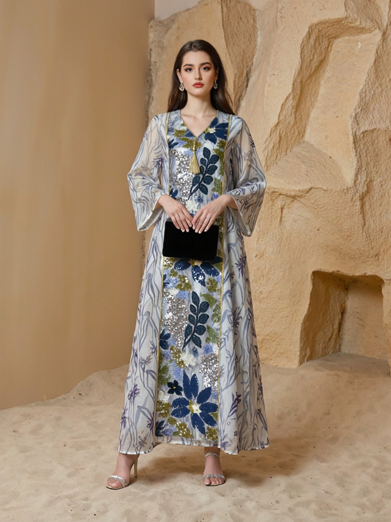 Eid Printed Sequins Muslim Women Caftan Kaftan Dress Jalabiya #25S151