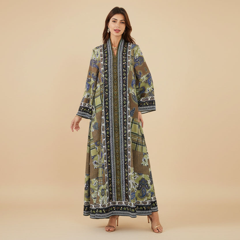 Eid Printed Hotfix Rhinestones Muslim Women Caftan Kaftan Dress #26SX19