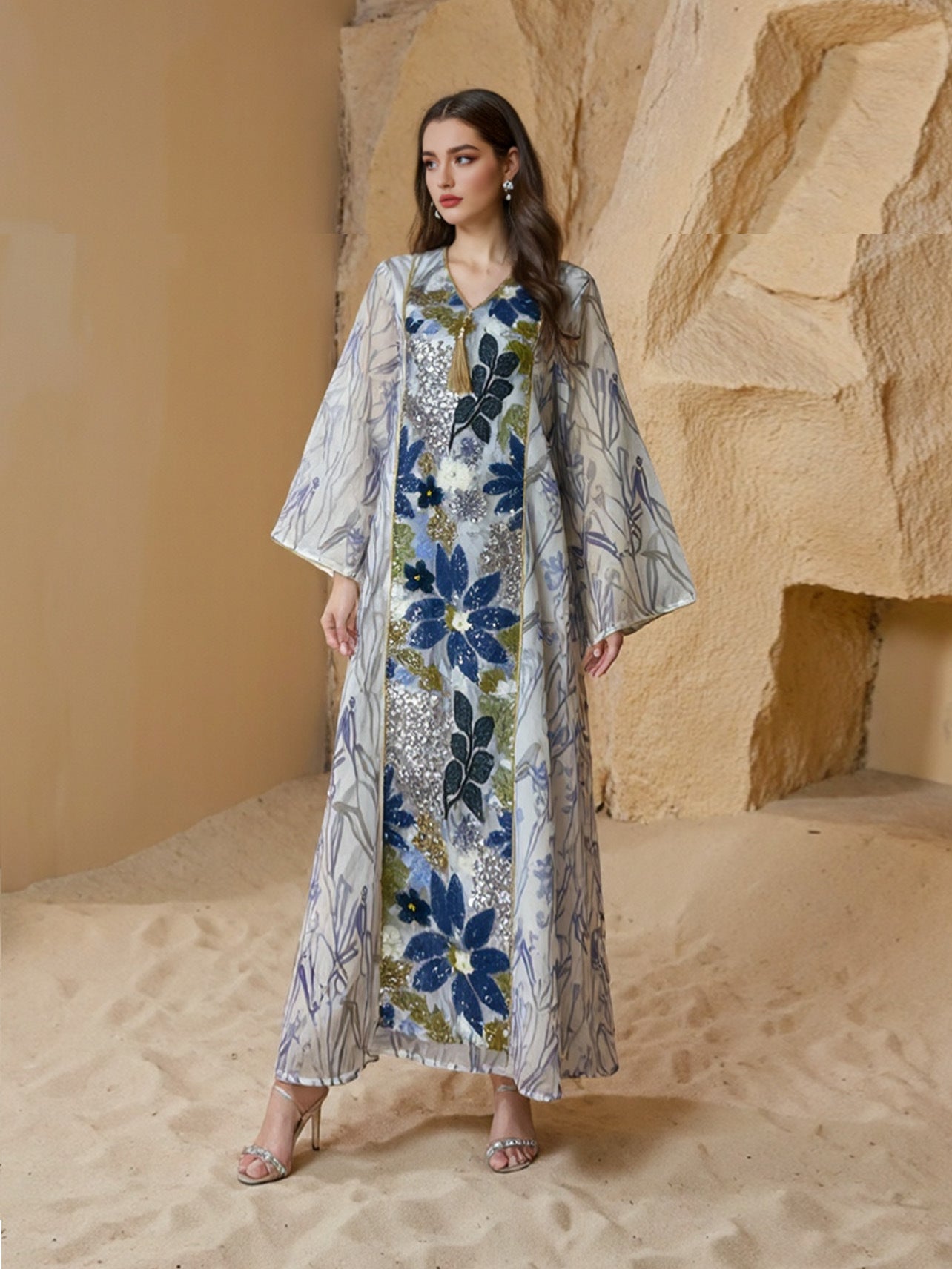 Printed Sequins Caftan Kaftan Dress For Women - Mukhawar Jalabiya Eid Dress Jalabiya - White - #25S151