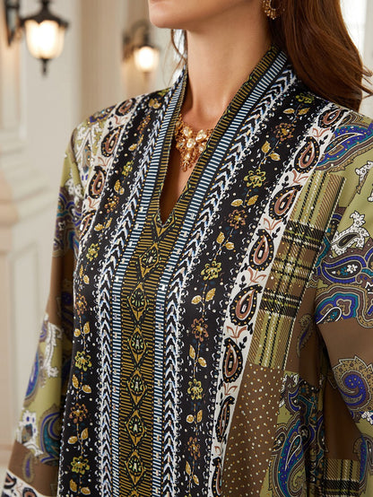 Eid Printed Hotfix Rhinestones Muslim Women Caftan Kaftan Dress #26SX19