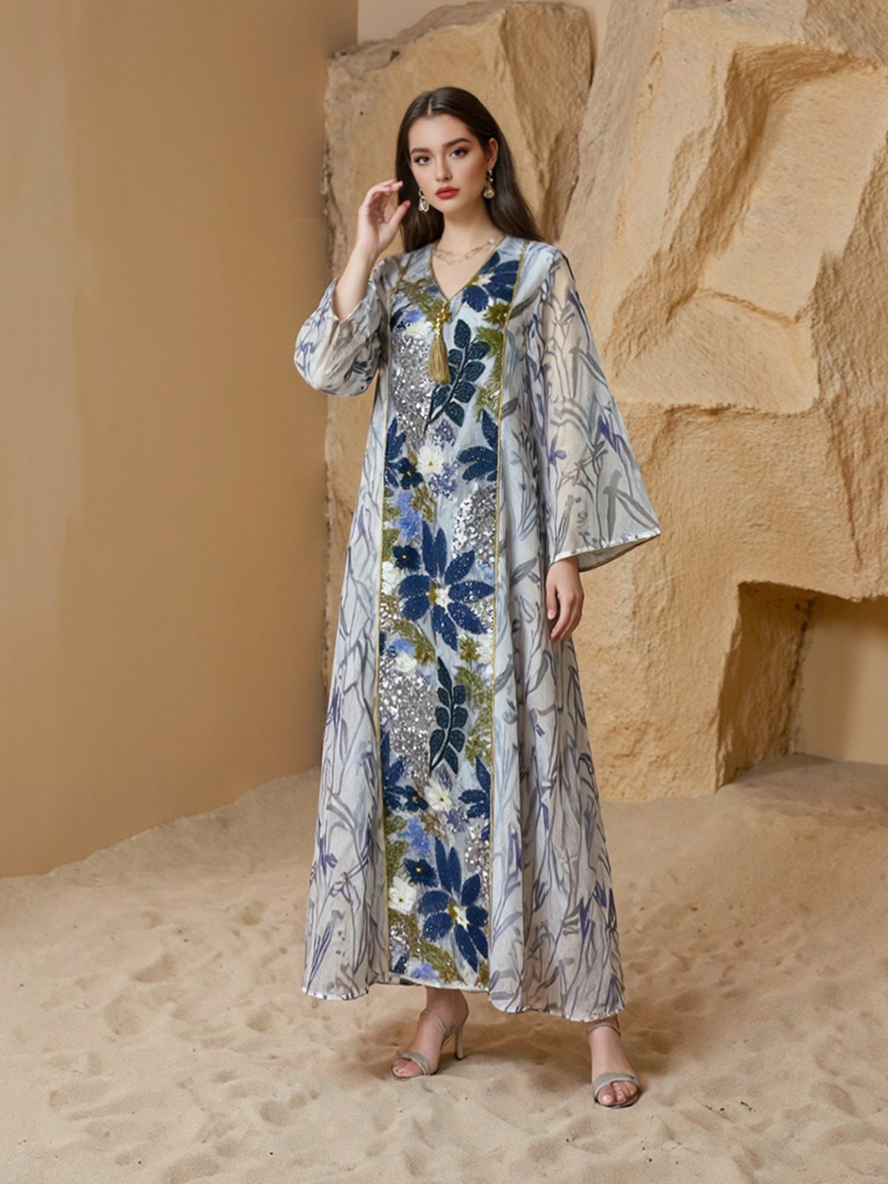 Printed Sequins Caftan Kaftan Dress For Women - Mukhawar Jalabiya Eid Dress Jalabiya - White - #25S151
