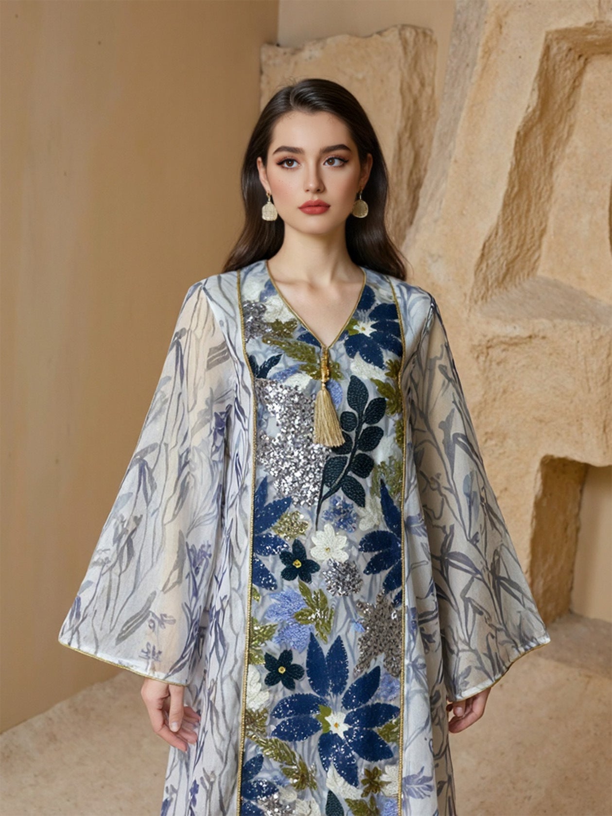 Printed Sequins Caftan Kaftan Dress For Women - Mukhawar Jalabiya Eid Dress Jalabiya - White - #25S151