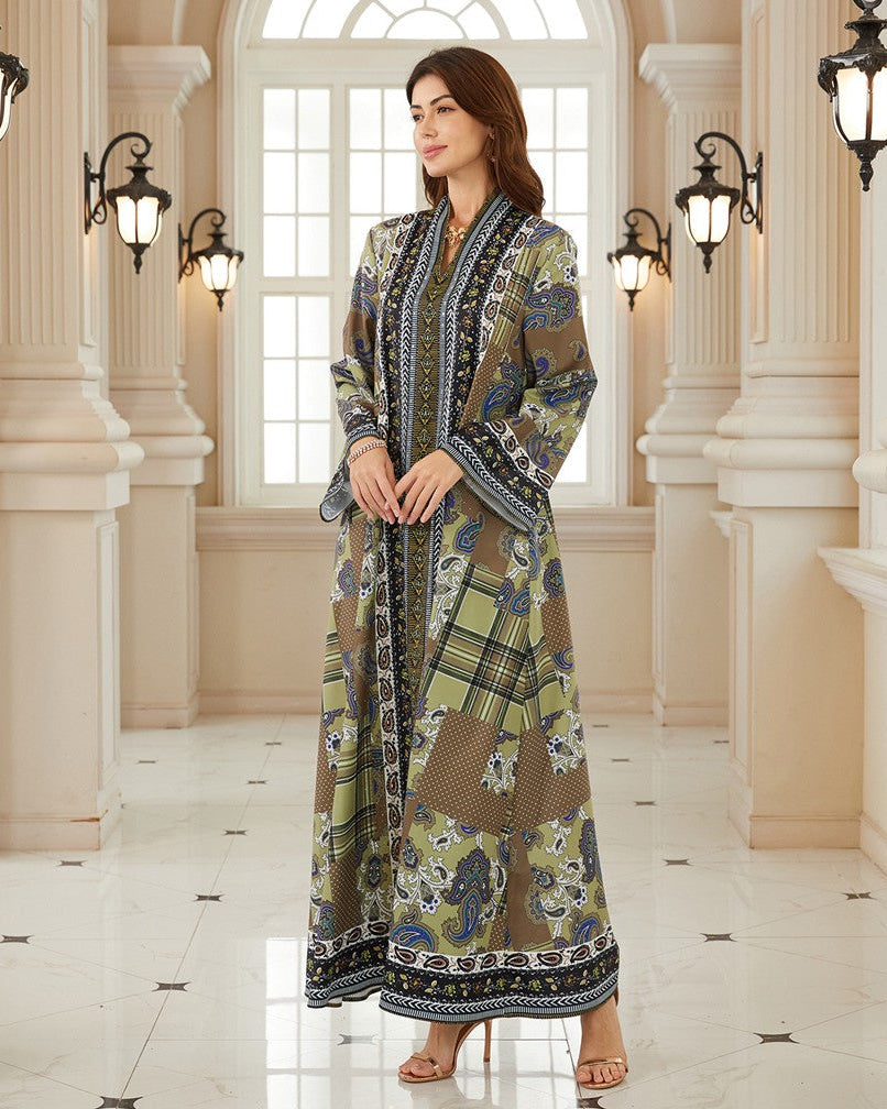 Eid Printed Hotfix Rhinestones Muslim Women Caftan Kaftan Dress #26SX19