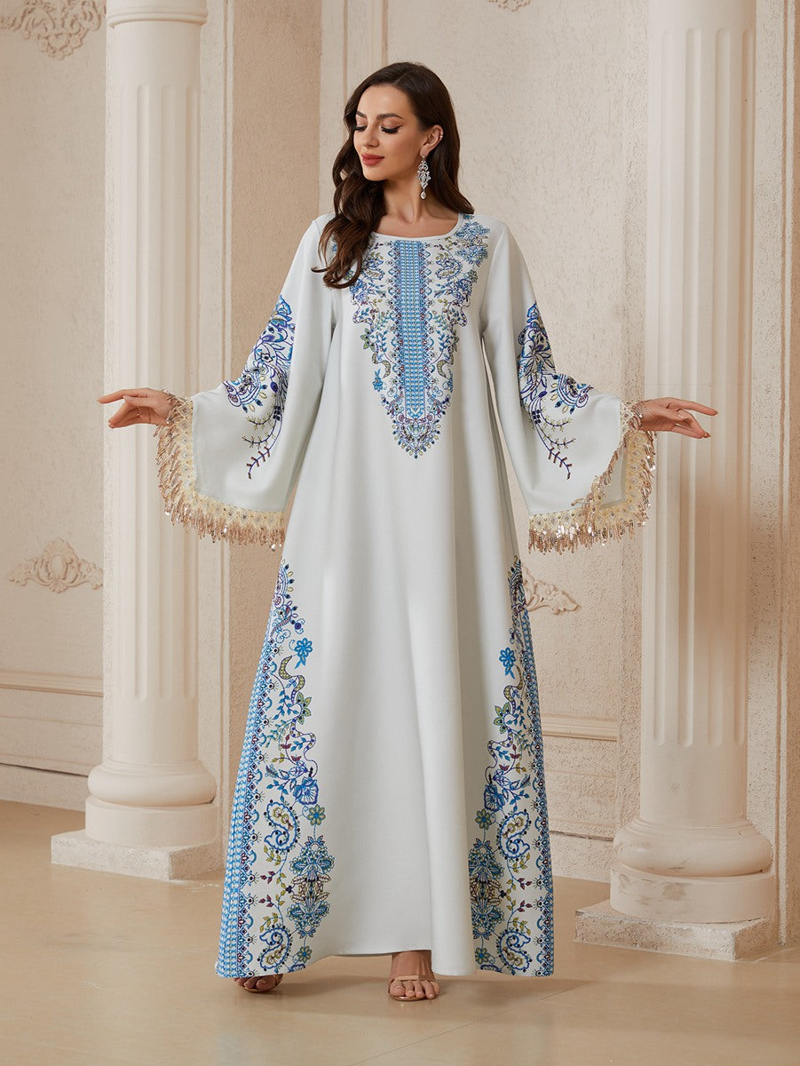 Eid Rhinestones Printed Caftan Kaftan Dress Jalabiya #26S2612