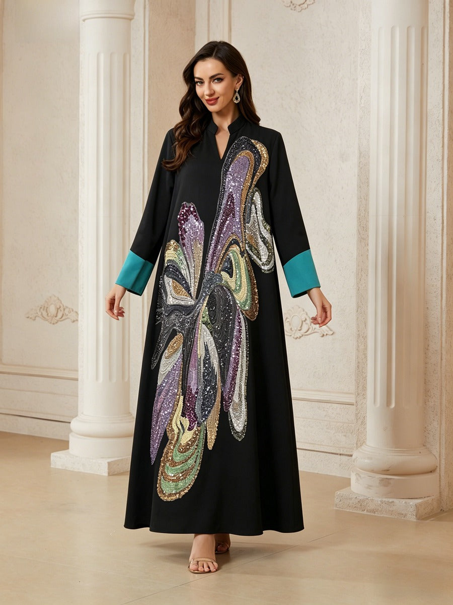 Hand-stitched Beads Caftan Kaftan Dress For Women - Eid Dress Mukhawar Jalabiya - Black -#26N189