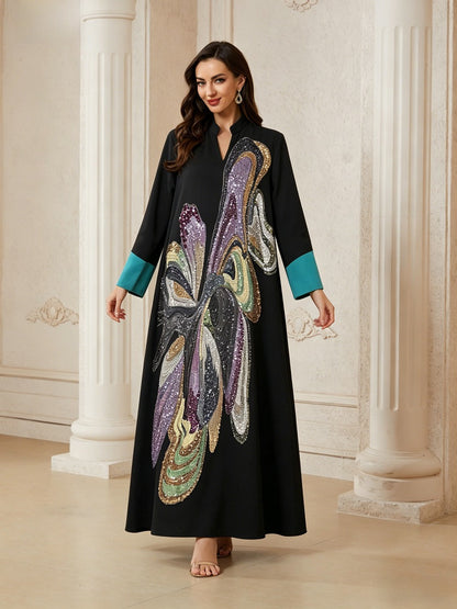 Hand-stitched Beads Caftan Kaftan Dress For Women - Eid Dress Mukhawar Jalabiya - Black -#26N189