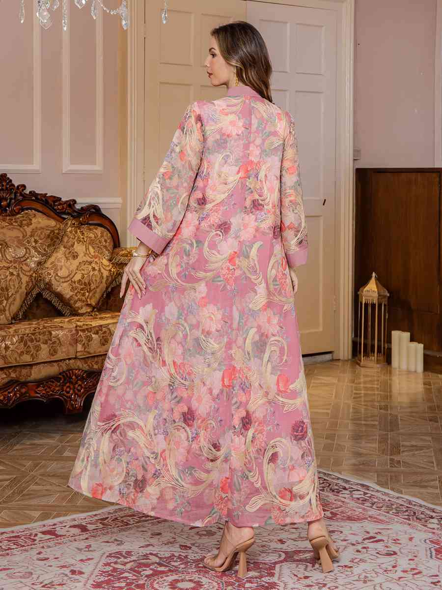 Sequins Printed Caftan Kaftan Dress For Women - Mukhawar Jalabiya Eid Dress - Cyan/Pink - #25S191