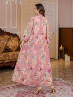 Sequins Printed Caftan Kaftan Dress For Women - Mukhawar Jalabiya Eid Dress - Cyan/Pink - #25S191