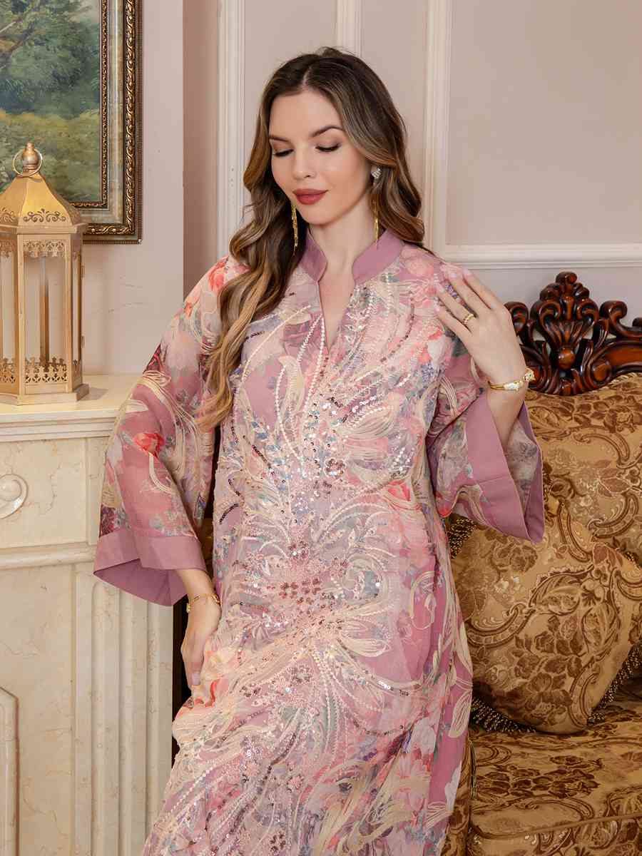 Sequins Printed Caftan Kaftan Dress For Women - Mukhawar Jalabiya Eid Dress - Cyan/Pink - #25S191