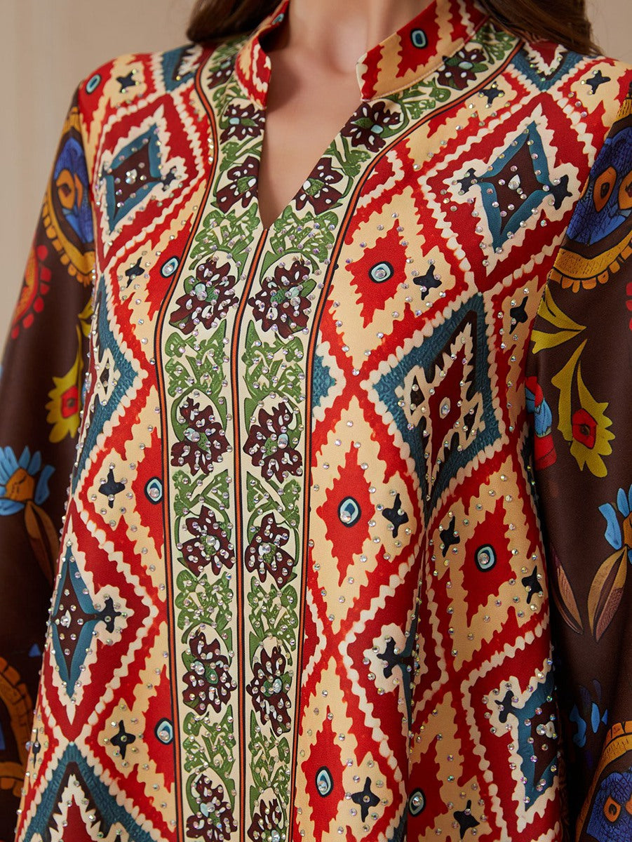 Eid Hotfix Rhinestones Printed Caftan Kaftan Dress #26S2607