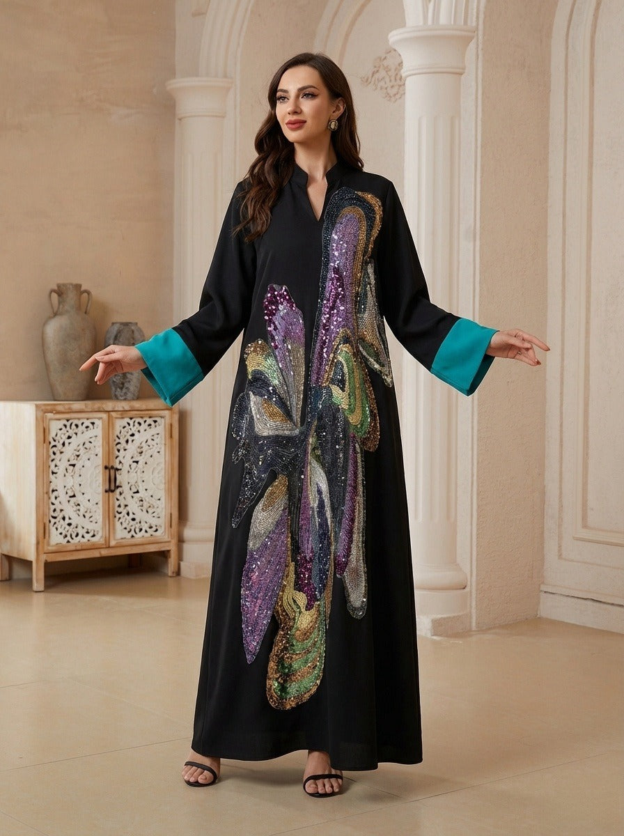 Hand-stitched Beads Caftan Kaftan Dress For Women - Eid Dress Mukhawar Jalabiya - Black -#26N189
