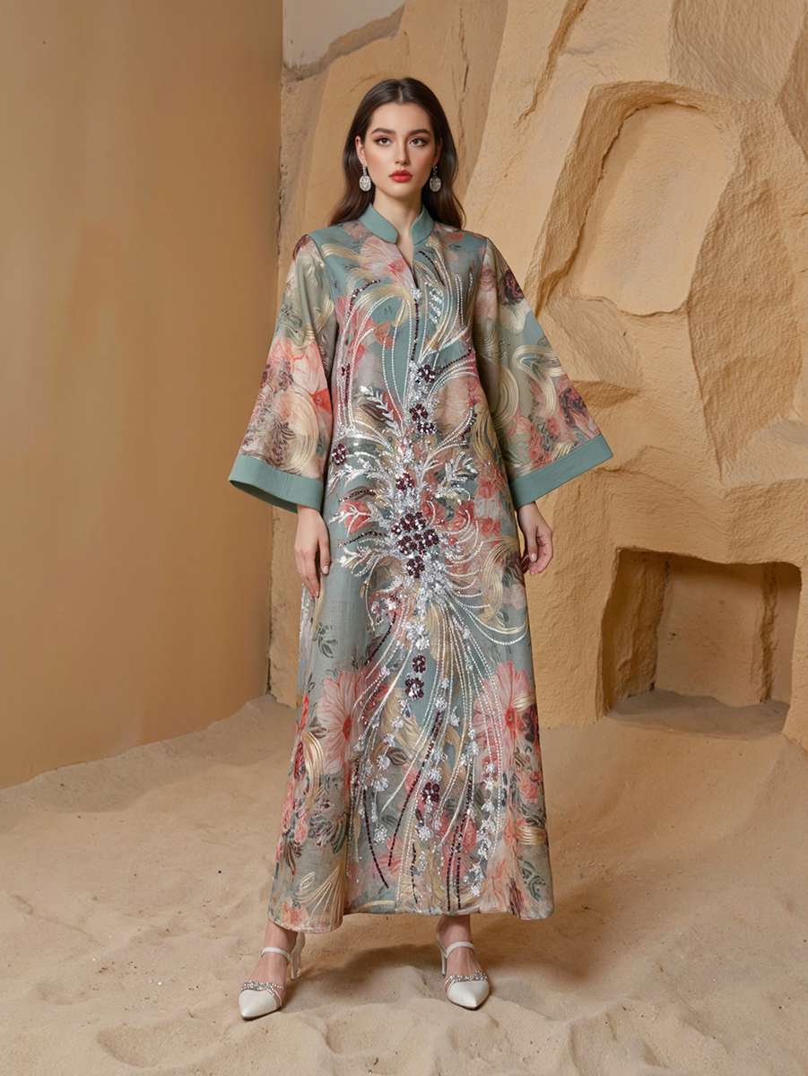 Sequins Printed Caftan Kaftan Dress For Women - Mukhawar Jalabiya Eid Dress - Cyan/Pink - #25S191