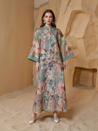 Sequins Printed Caftan Kaftan Dress For Women - Mukhawar Jalabiya Eid Dress - Cyan/Pink - #25S191