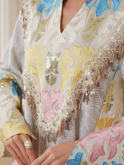 Embroidery Caftan Kaftan For Women - Mukhawar Eid Dress Jalabiya - Beige - #26N159