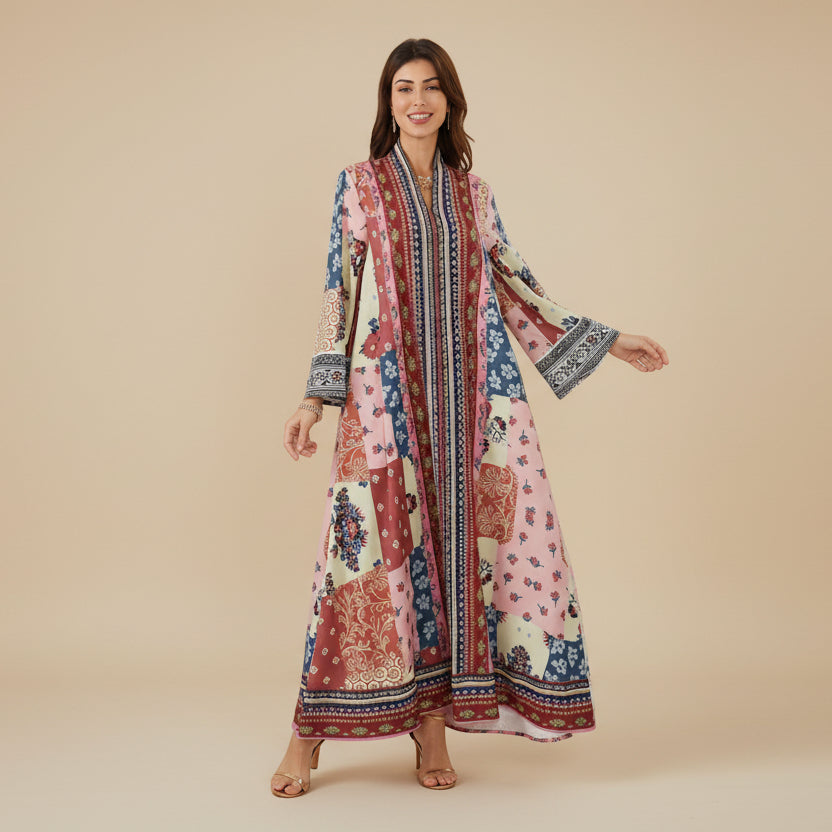Eid Printed Hotfix Rhinestones Caftan Kaftan Dress Jalabiya #26SX16