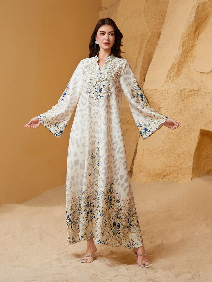 Eid Bead Printed Dress Muslim Women Caftan Kaftan Dress #26S1004