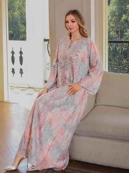 Eid Sequins Dress Muslim Women Printed Caftan Kaftan Dress #25136