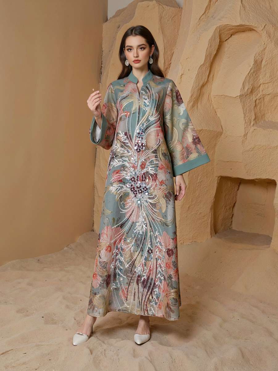 Sequins Printed Caftan Kaftan Dress For Women - Mukhawar Jalabiya Eid Dress - Cyan/Pink - #25S191