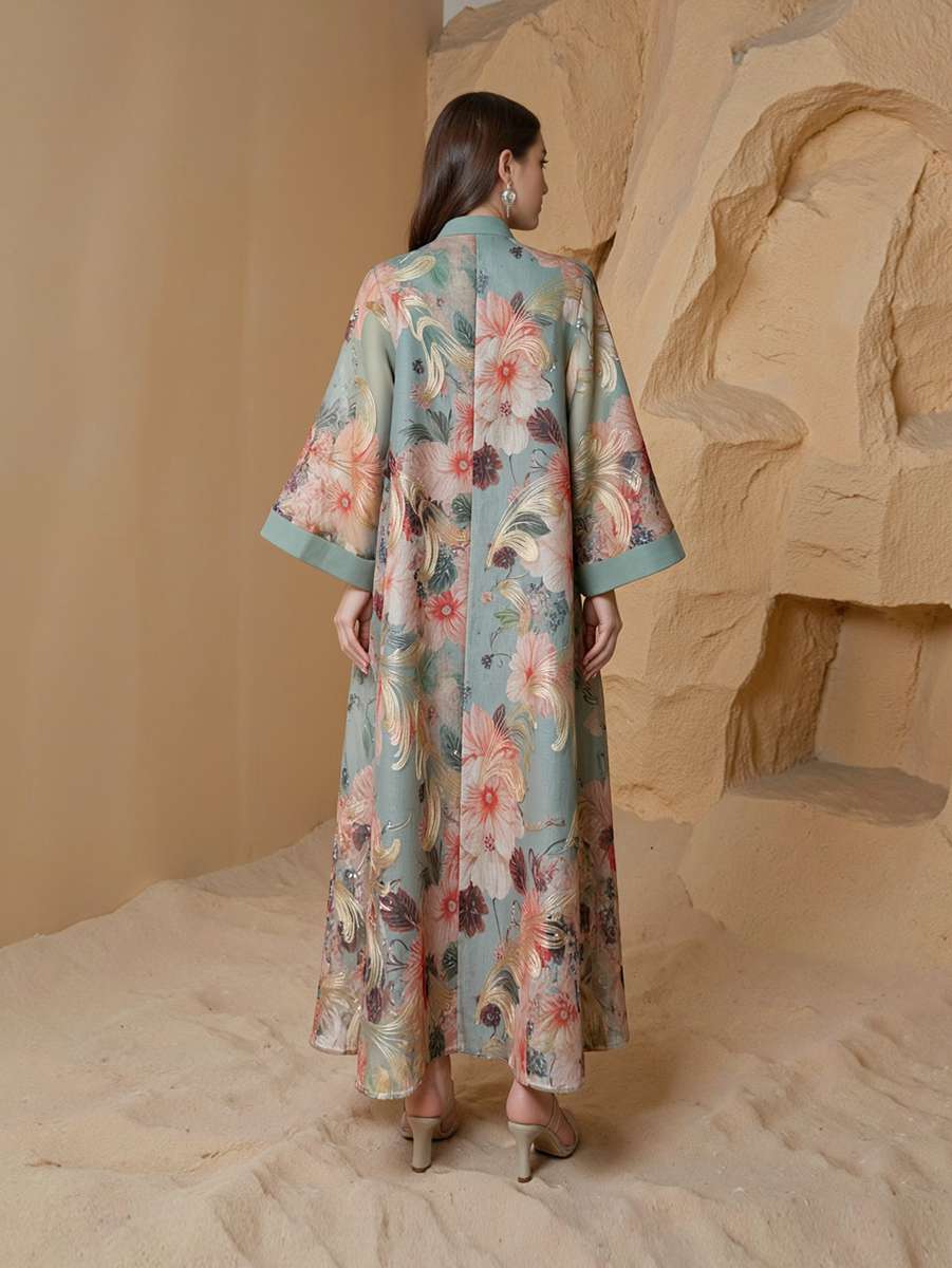 Sequins Printed Caftan Kaftan Dress For Women - Mukhawar Jalabiya Eid Dress - Cyan/Pink - #25S191