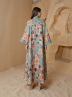 Sequins Printed Caftan Kaftan Dress For Women - Mukhawar Jalabiya Eid Dress - Cyan/Pink - #25S191