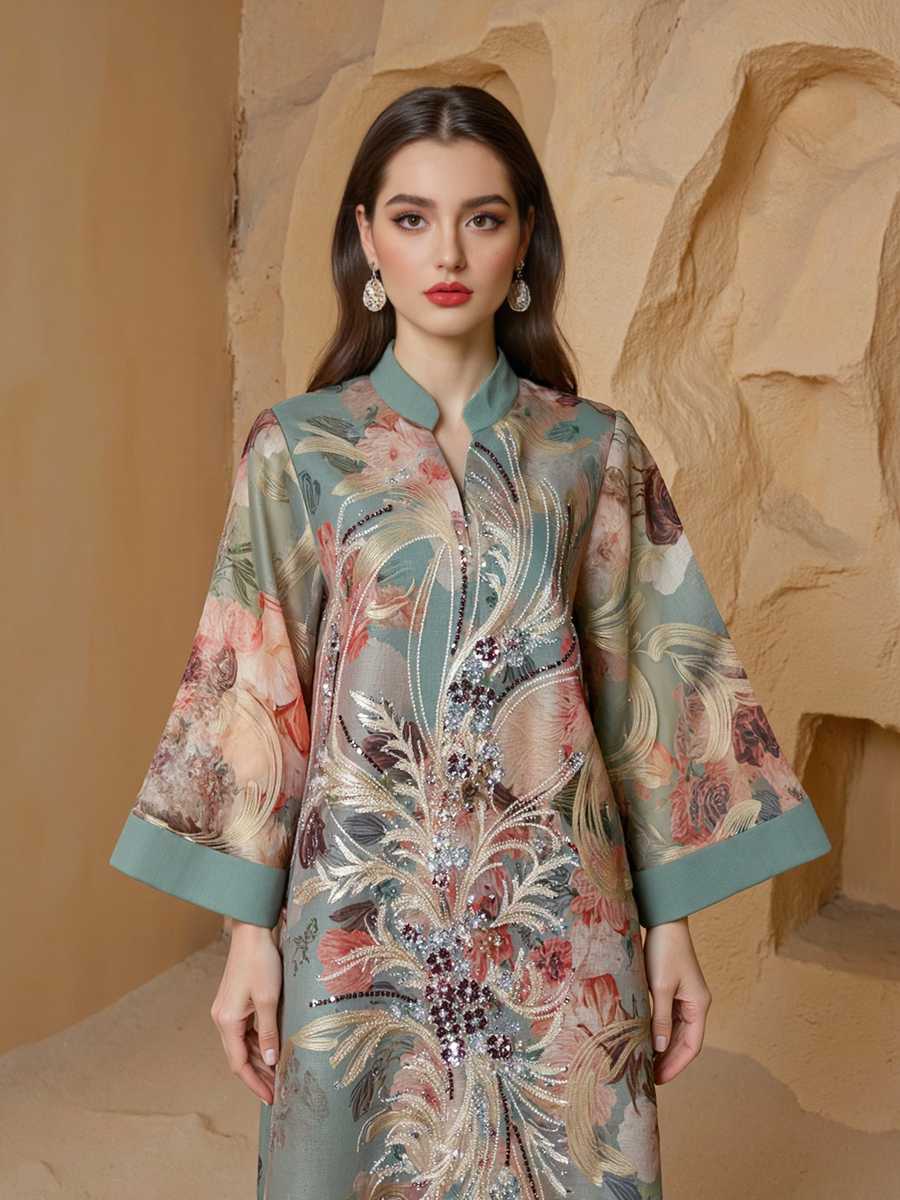 Sequins Printed Caftan Kaftan Dress For Women - Mukhawar Jalabiya Eid Dress - Cyan/Pink - #25S191