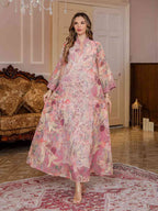 Sequins Printed Caftan Kaftan Dress For Women - Mukhawar Jalabiya Eid Dress - Cyan/Pink - #25S191