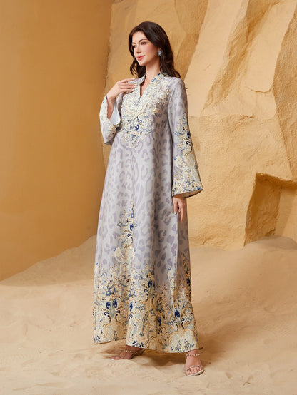 Eid Bead Printed Dress Muslim Women Caftan Kaftan Dress #26S1004