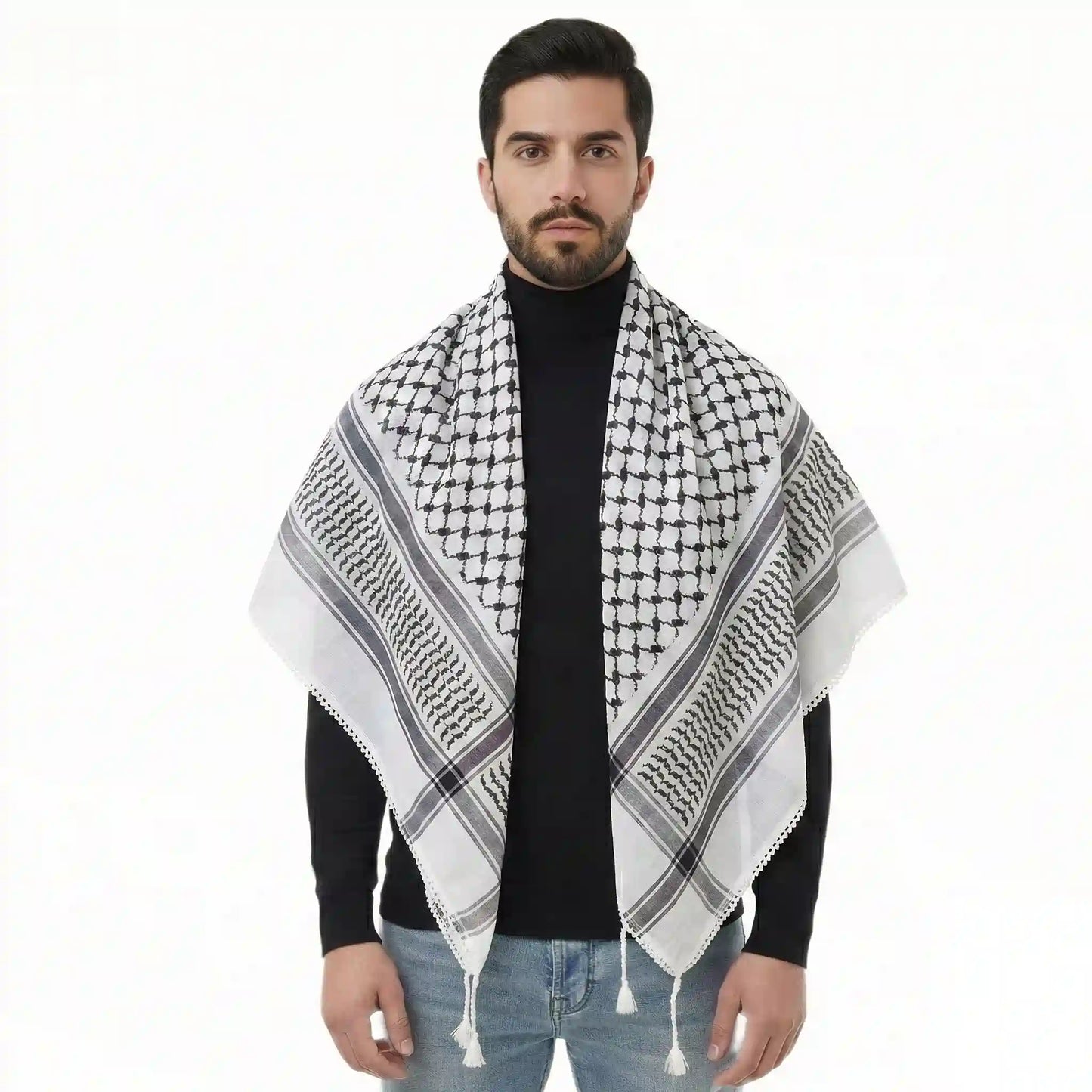 Cotton-linen blended Tassel Keffiyeh Scarf Arab Shemagh Kuffiyeh Head Neck Wrap For Men and Women