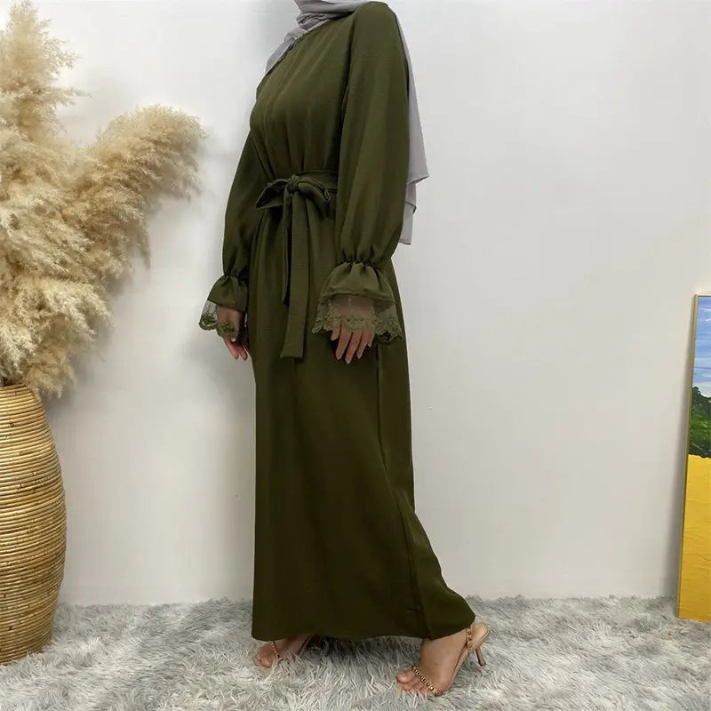 Lace Cuff Front Zipper Muslim Women Abaya Dress With Pocket