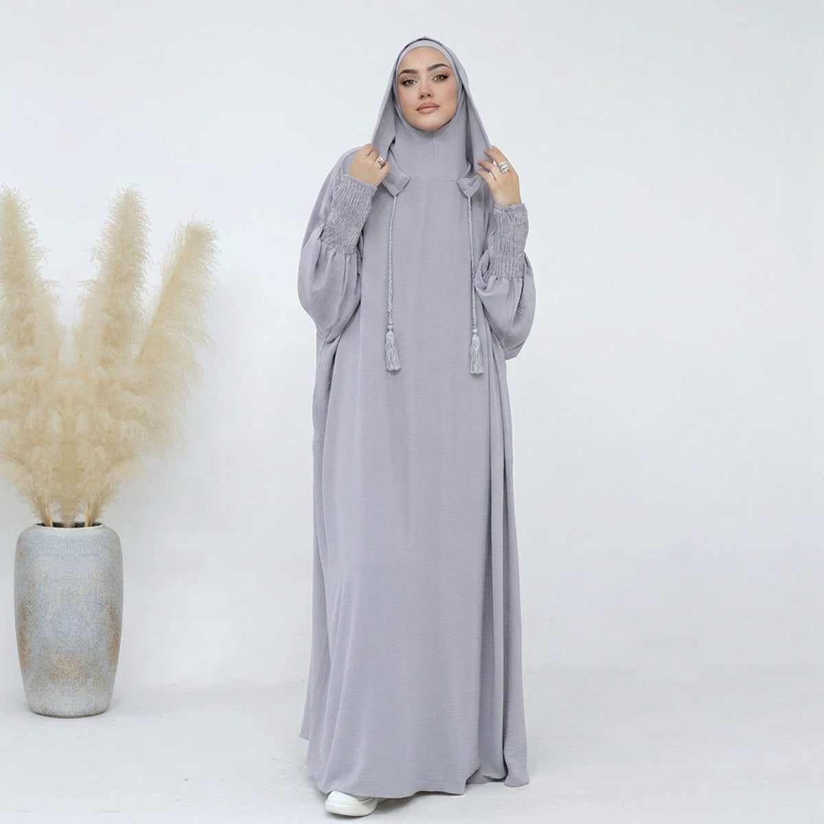 Light Gray - XS/S - Muslim Women Hooded Abaya Prayer Dress Cotton Blend Jilbab Halal Clothing