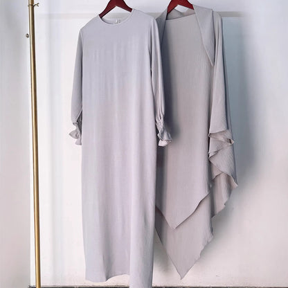 2 Pieces Set Jilbab Robe Prayer Dress With Two Layers Khimar For Arab Women