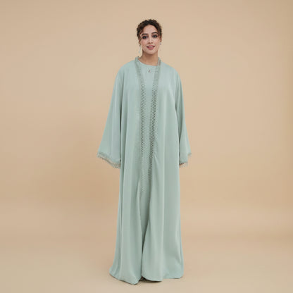 3D Floral Lace 2 Pieces Set Open Abaya Dress Set - With Inner Sleeveless Abaya Dress - #261182