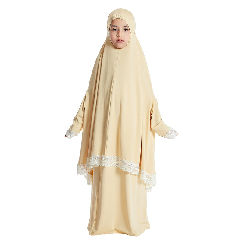 Muslim Girl Jilbab Suit Prayer Dress 2 Pieces Set With Tops Robe Jilbab And Skirt