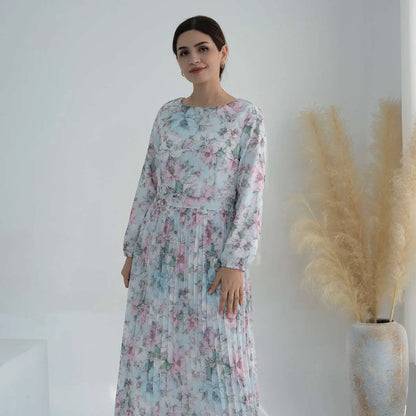 Muslim Women Pleated Chiffon Printed Abaya Dress